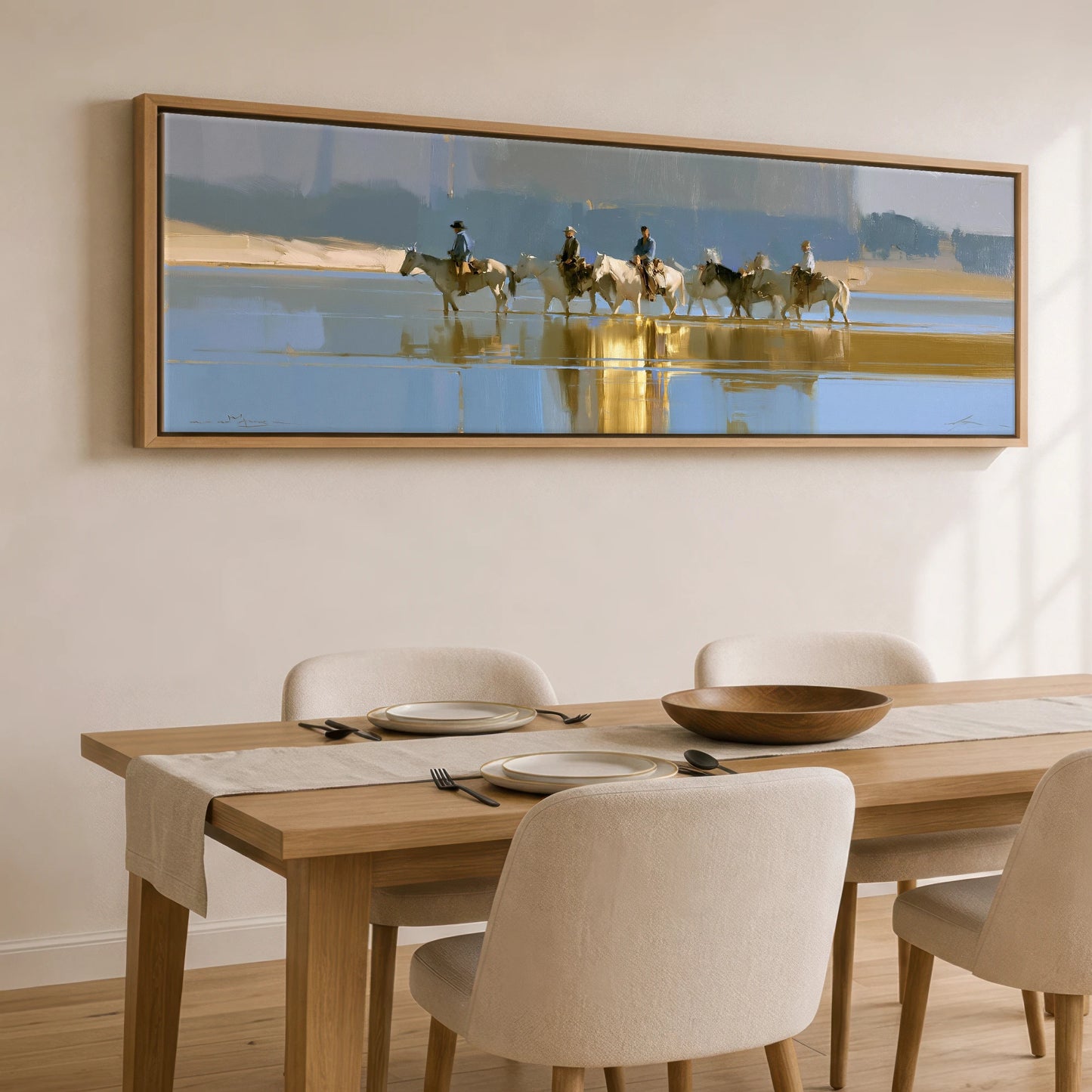 Sunlit River Crossing Horse Landscape panoramic canvas wall art displayed above a dining table