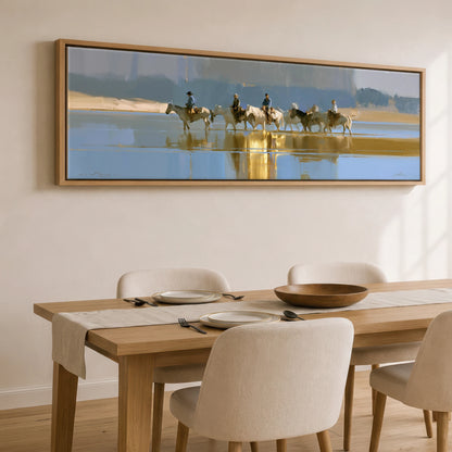 Sunlit River Crossing Horse Landscape panoramic canvas wall art displayed above a dining table