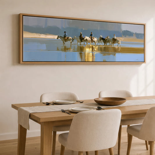 Sunlit River Crossing Horse Landscape panoramic canvas wall art displayed above a dining table