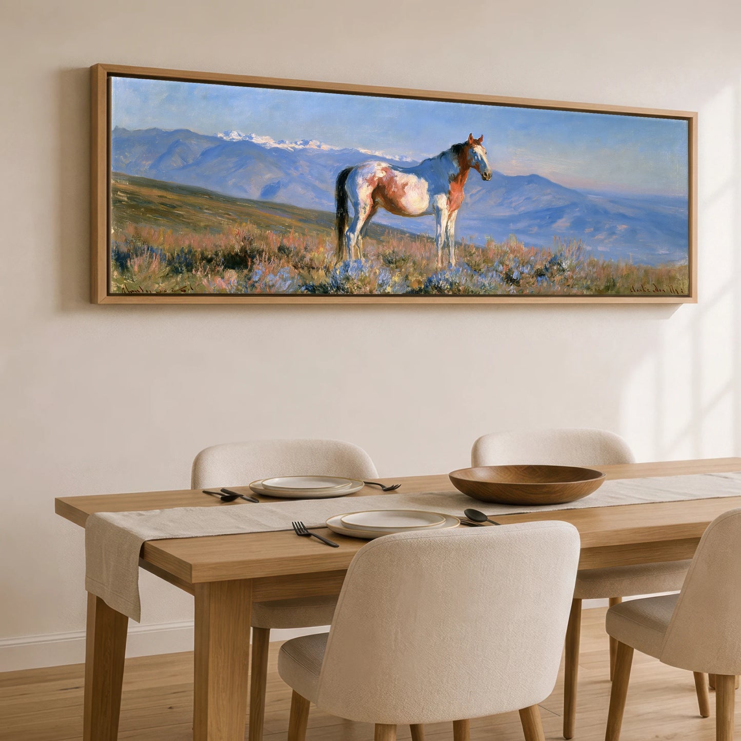 High Country Spirit Horse Landscape panoramic canvas wall art displayed above a dining table