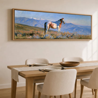 High Country Spirit Horse Landscape panoramic canvas wall art displayed above a dining table