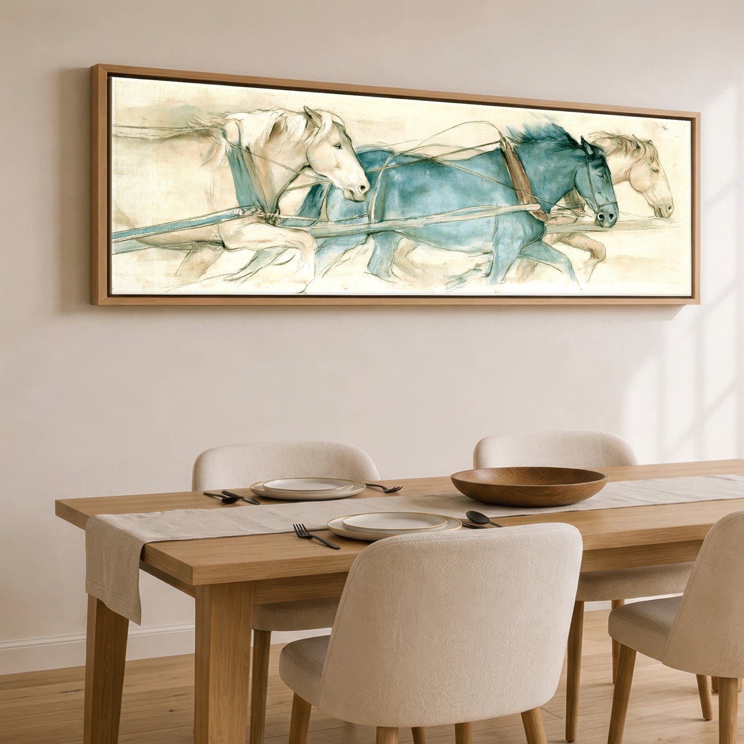 Harnessed Momentum Working Horse panoramic canvas wall art displayed above a dining table