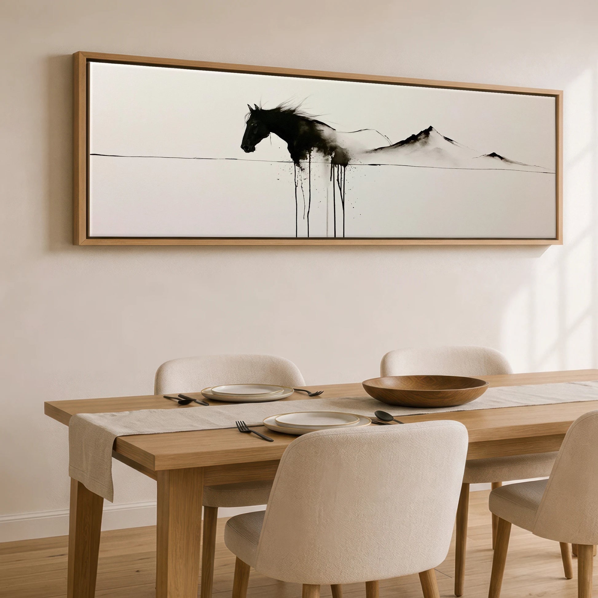 Equine Ink Horizon Horse Landscape panoramic canvas wall art displayed above a dining table
