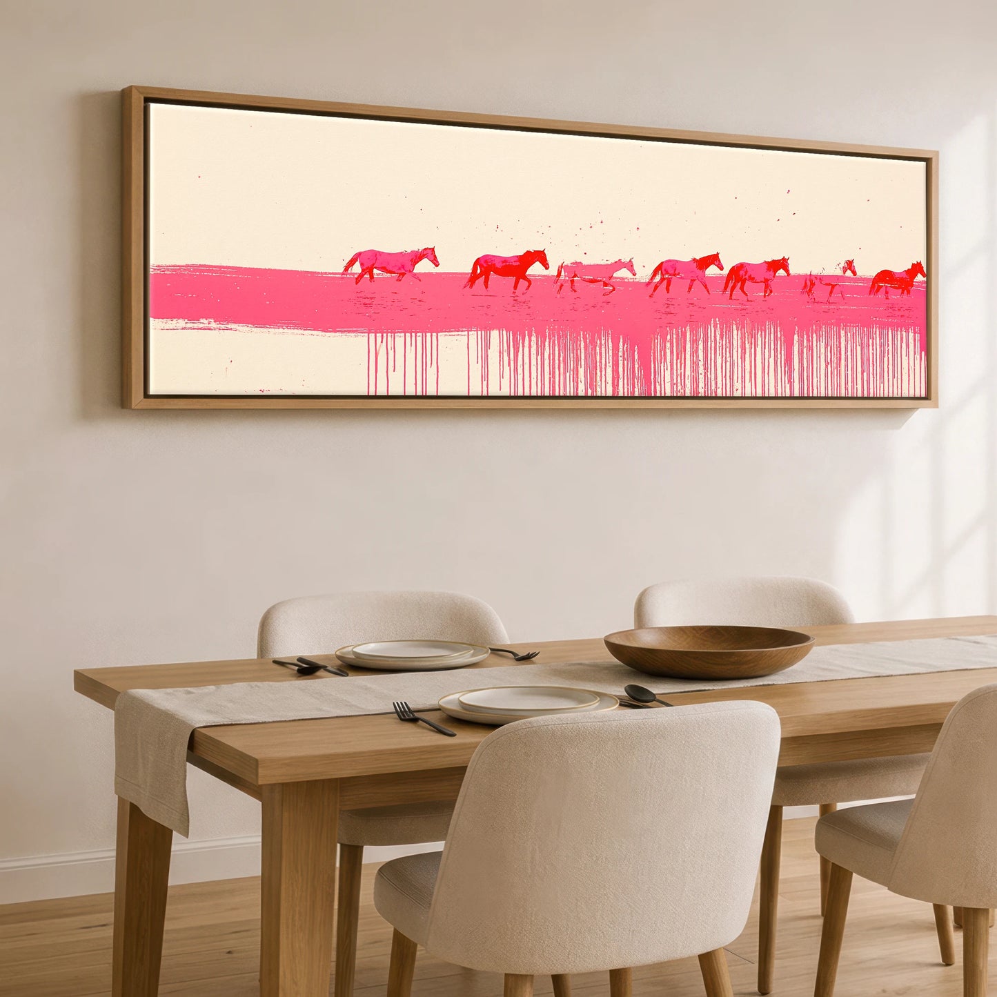 Vivid Magenta Horizon Beach Horse panoramic canvas wall art displayed above a dining table