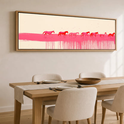 Vivid Magenta Horizon Beach Horse panoramic canvas wall art displayed above a dining table