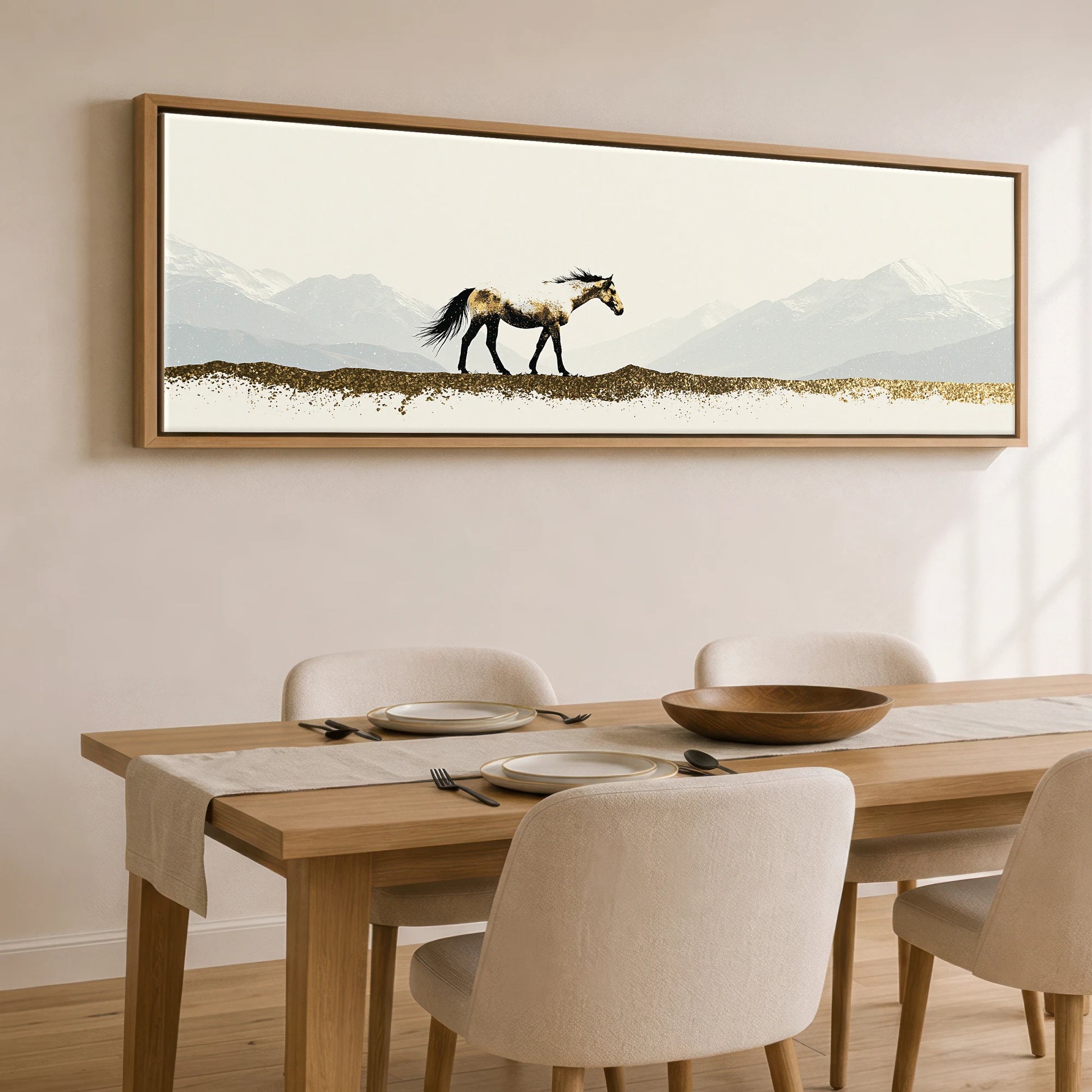 Gilded Alpine Wanderer Horse Landscape panoramic canvas wall art displayed above a dining table