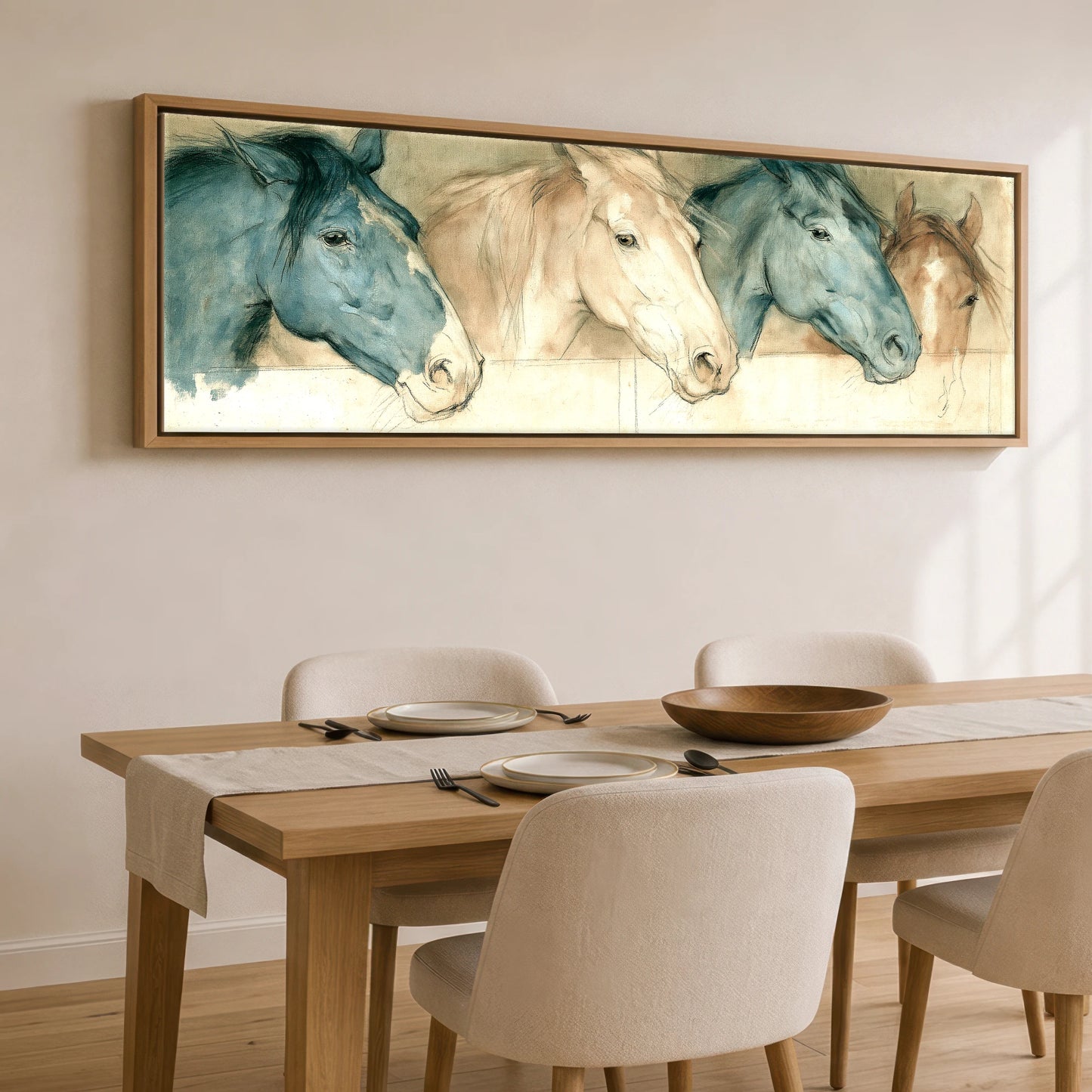Stable Companions Horse Stable panoramic canvas wall art displayed above a dining table