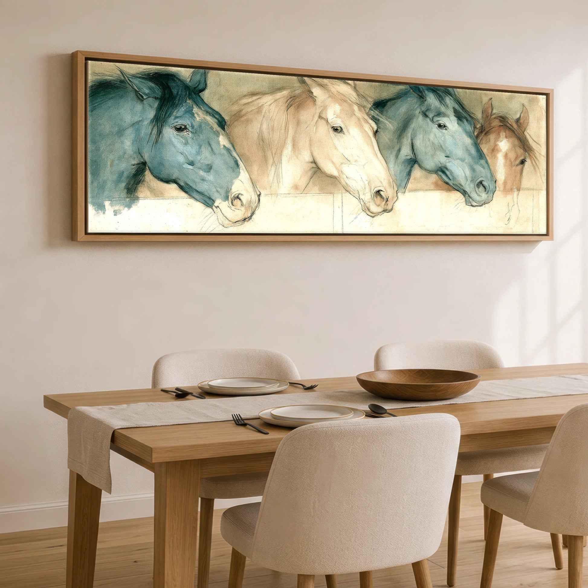 Stable Companions Horse Stable panoramic canvas wall art displayed above a dining table