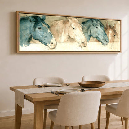 Stable Companions Horse Stable panoramic canvas wall art displayed above a dining table