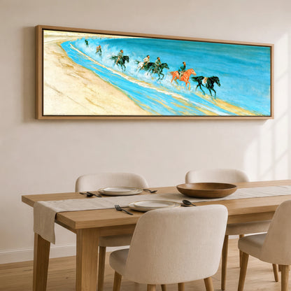 Galloping Through the Surf Beach Horse panoramic canvas wall art displayed above a dining table