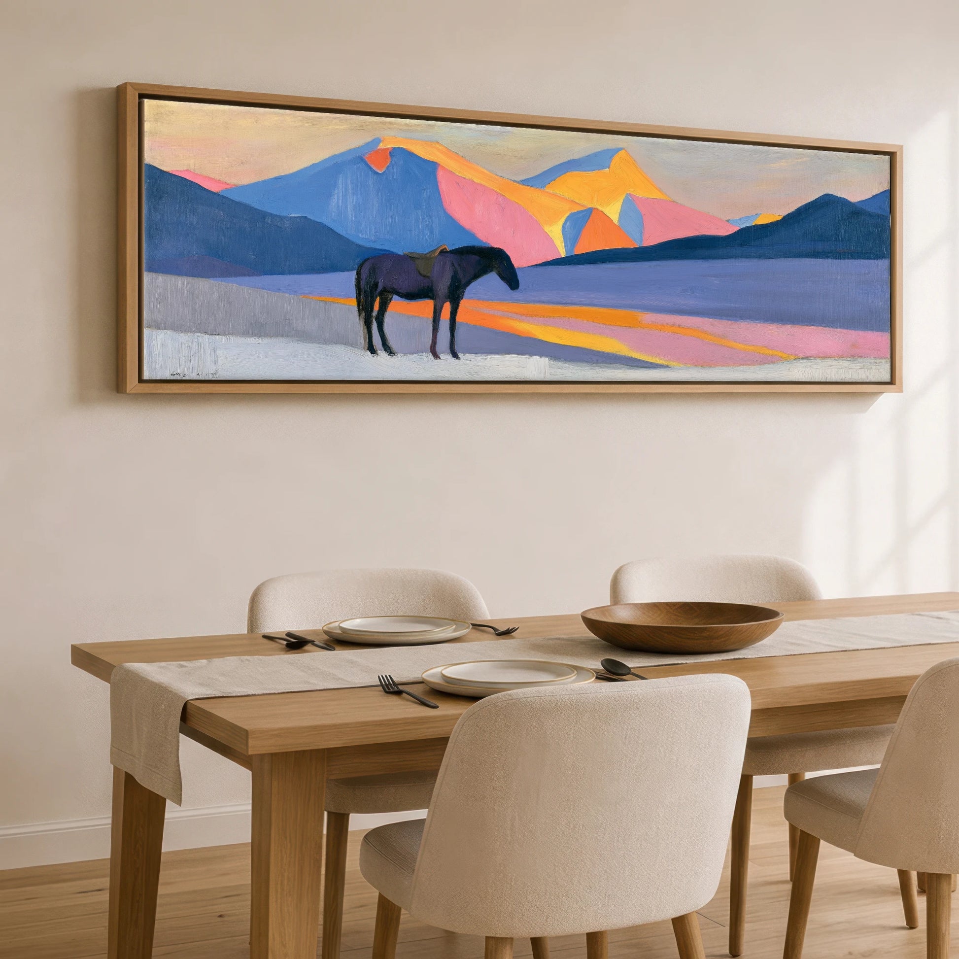 Vibrant Mountain Sentinel Horse Landscape panoramic canvas wall art displayed above a dining table