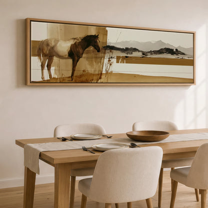 Sepia Horizon Horse Landscape panoramic canvas wall art displayed above a dining table