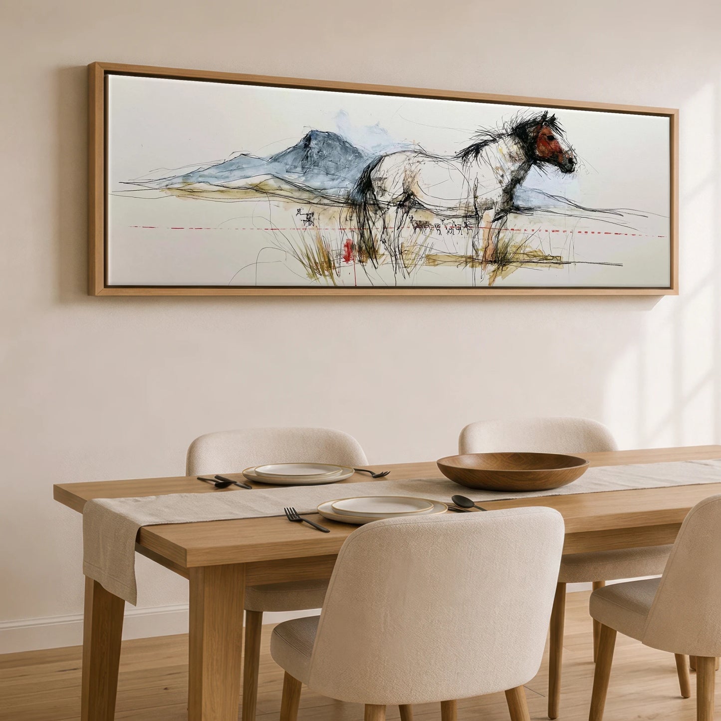 Wild Horizon Sketch Horse Landscape panoramic canvas wall art displayed above a dining table