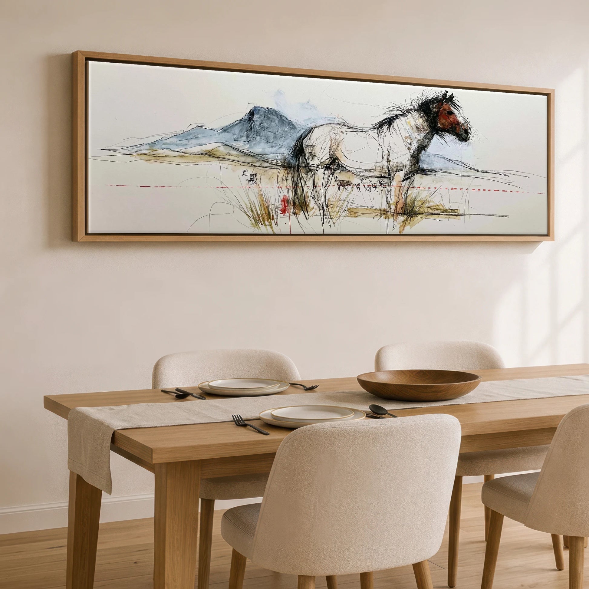 Wild Horizon Sketch Horse Landscape panoramic canvas wall art displayed above a dining table