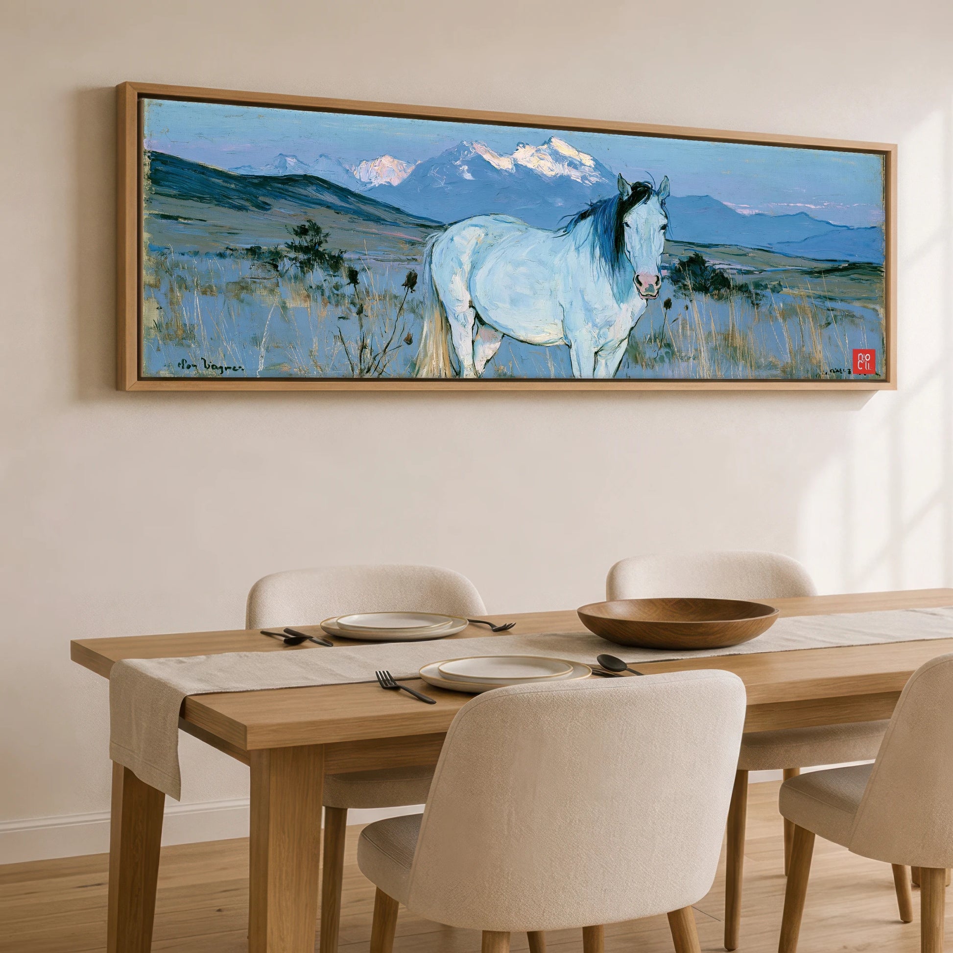 High Country Sentinel Horse Landscape panoramic canvas wall art displayed above a dining table