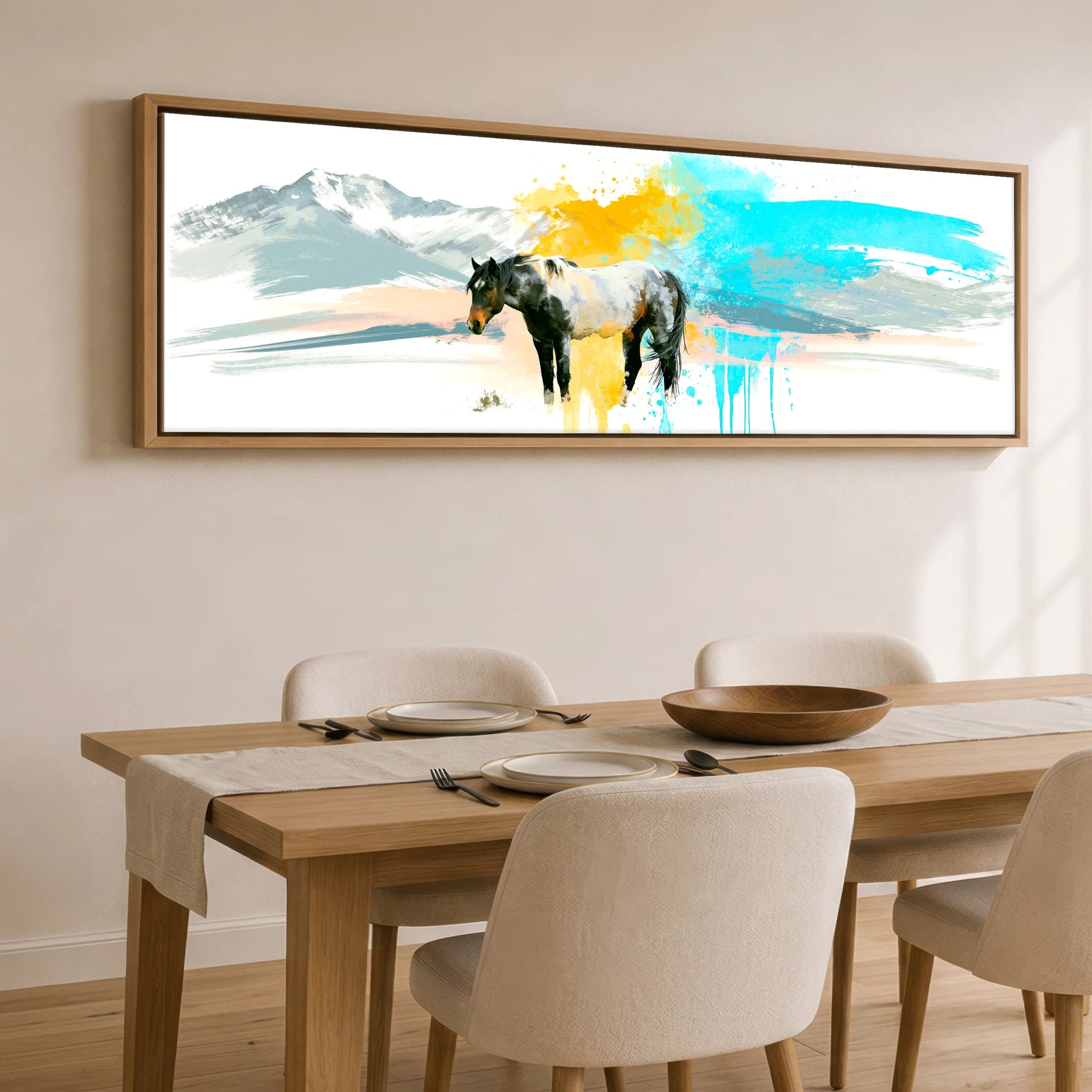 Vibrant Painted Horizons Horse Landscape panoramic canvas wall art displayed above a dining table