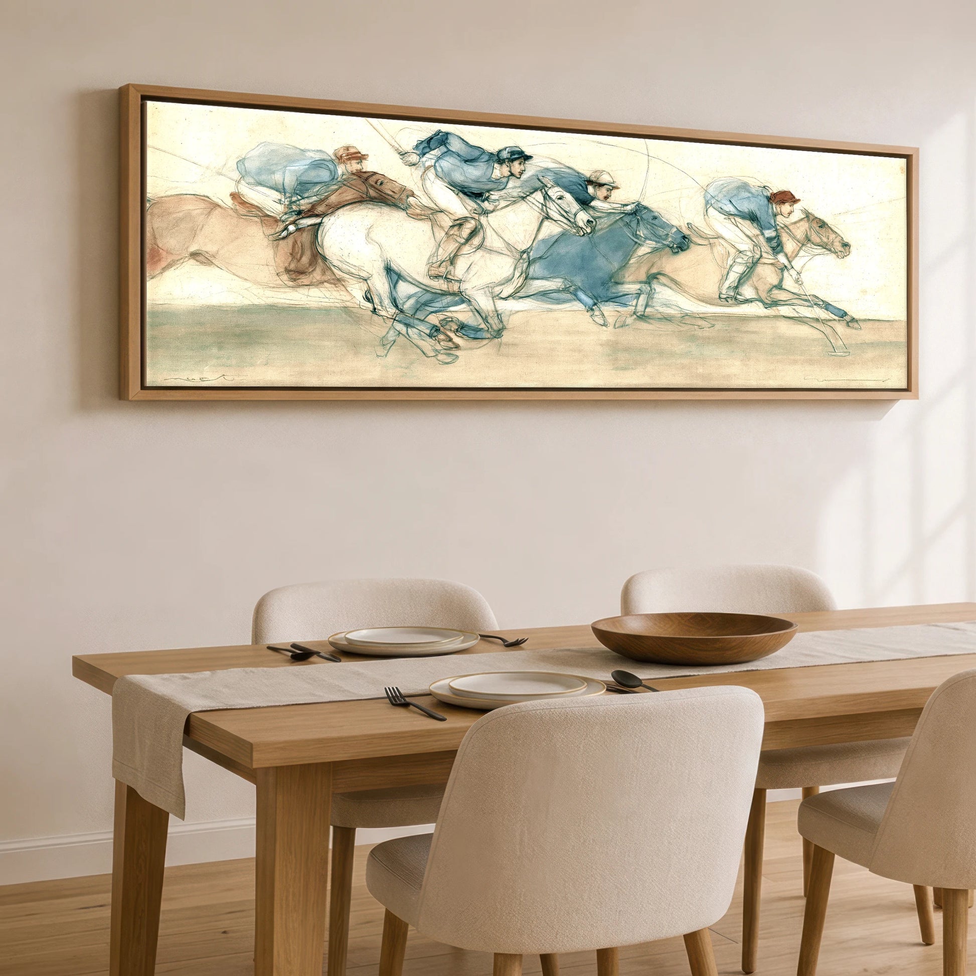 The Polo Sequence Polo Horse panoramic canvas wall art displayed above a dining table