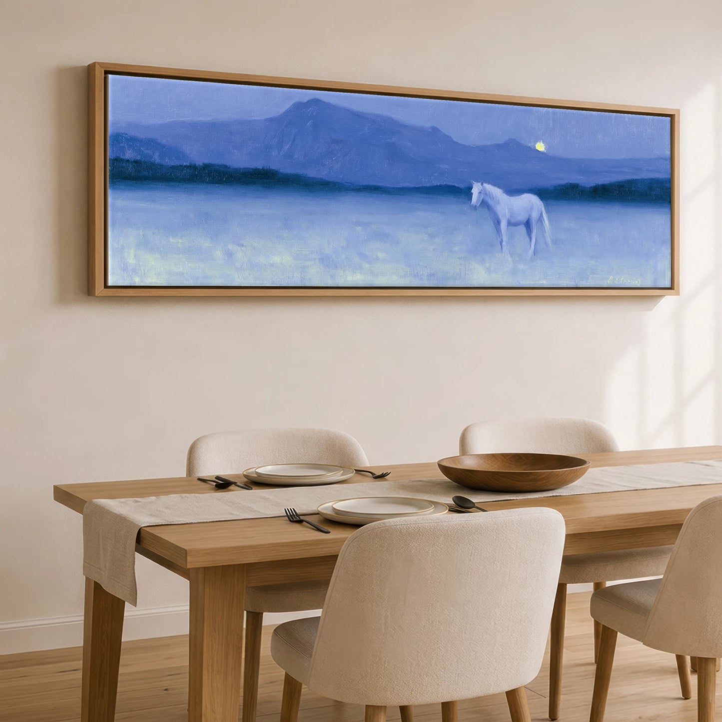 Solitary Grey Under Moonlight Horse Landscape panoramic canvas wall art displayed above a dining table