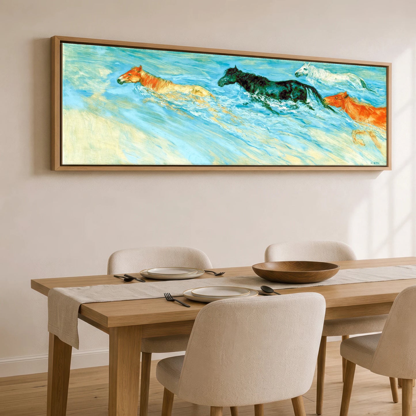 Vivid Surf Surge Beach Horse panoramic canvas wall art displayed above a dining table