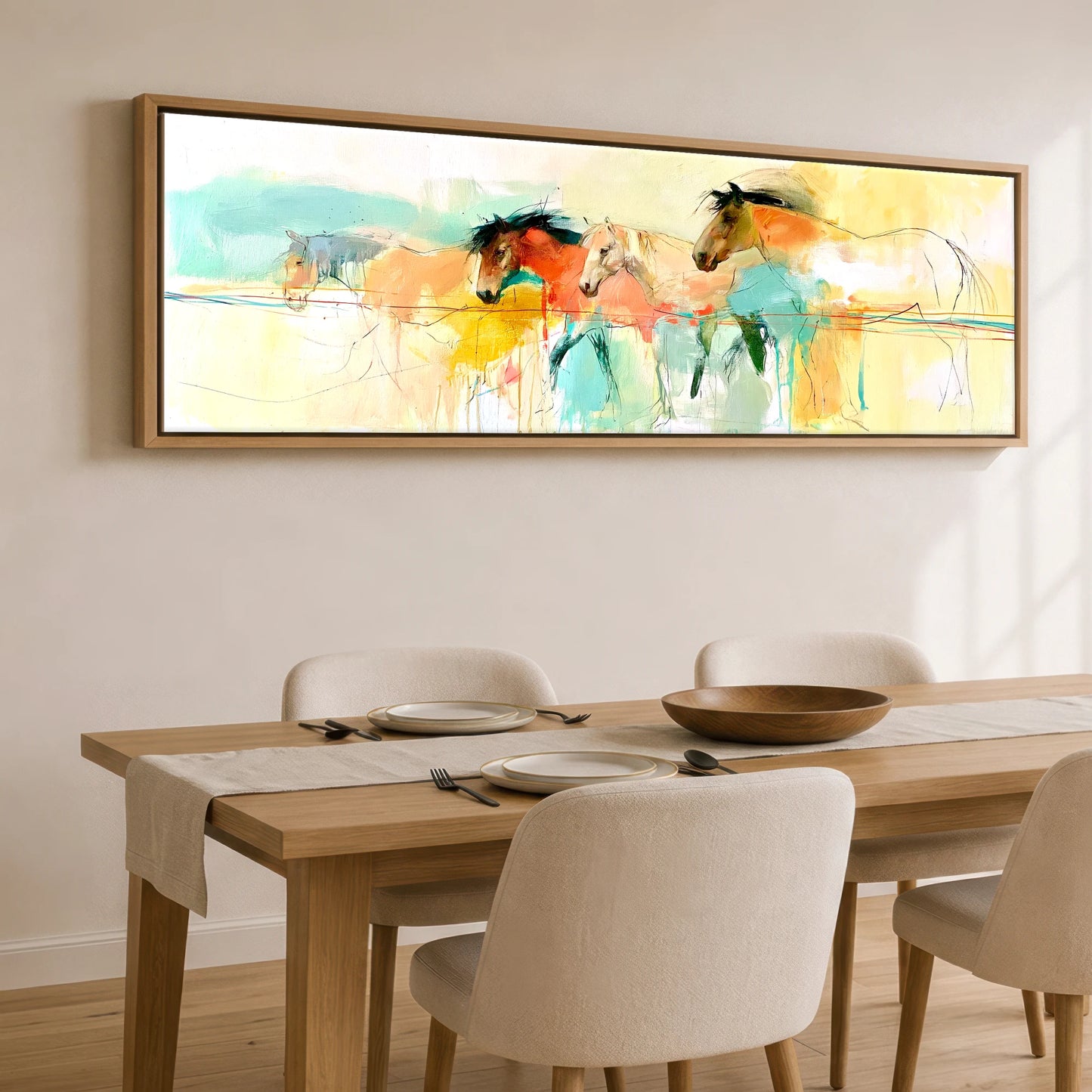 Vibrant Equine Horizon Horse Landscape panoramic canvas wall art displayed above a dining table