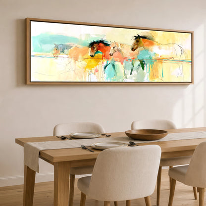 Vibrant Equine Horizon Horse Landscape panoramic canvas wall art displayed above a dining table