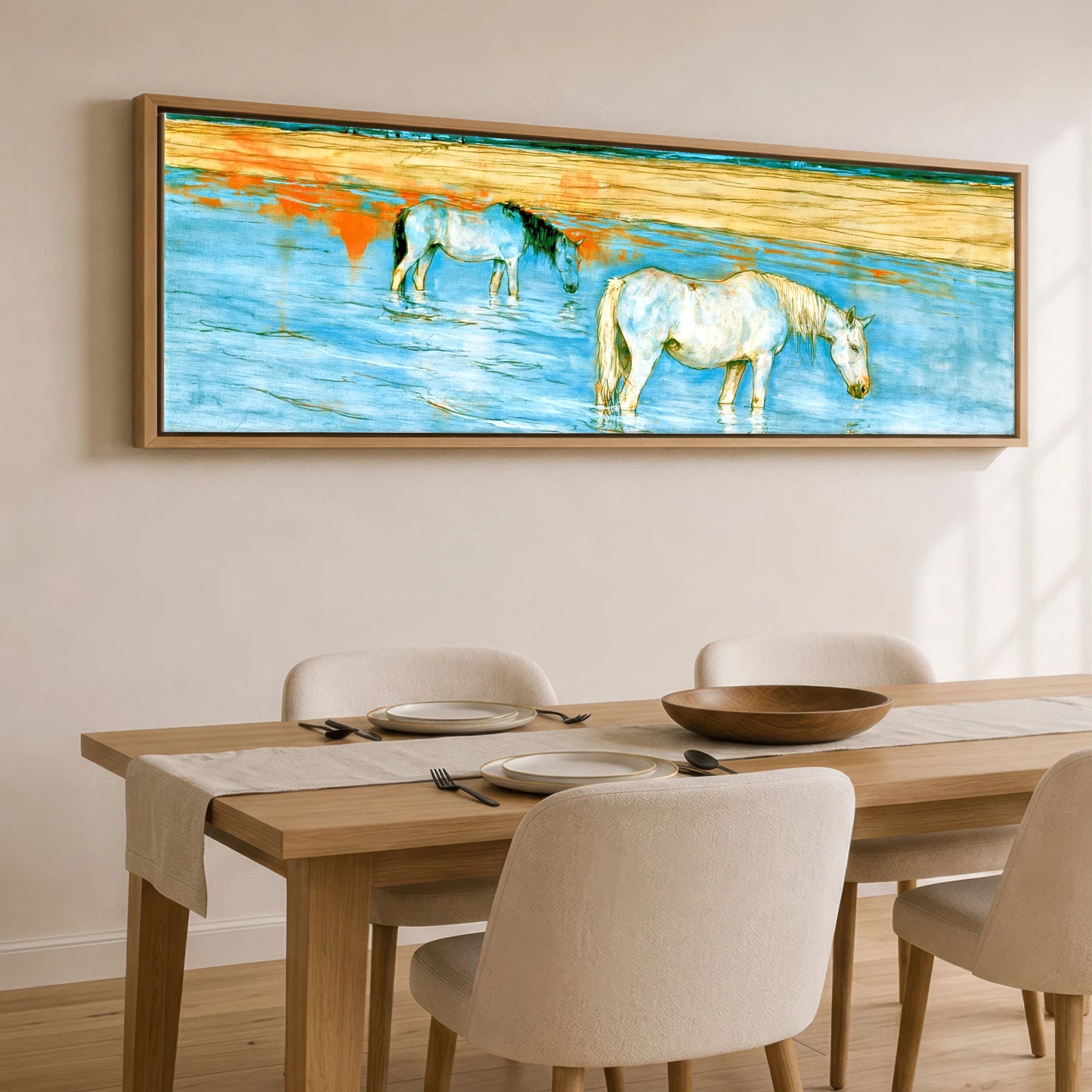 Cerulean Shoreline Greys Beach Horse panoramic canvas wall art displayed above a dining table