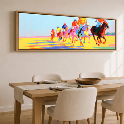 Technicolour Polo Charge Polo Horse panoramic canvas wall art displayed above a dining table