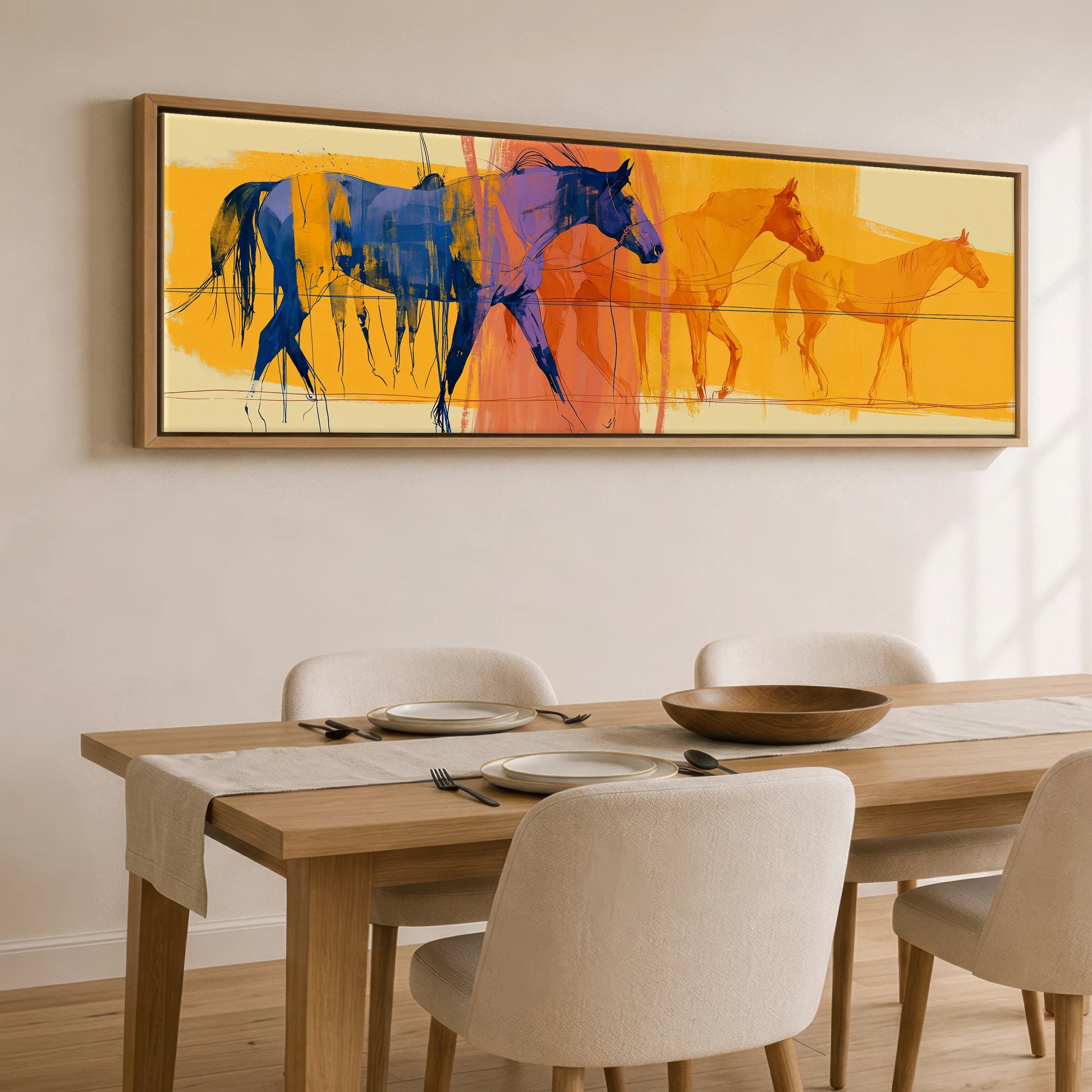 Cobalt Stride Sequence Beach Horse panoramic canvas wall art displayed above a dining table