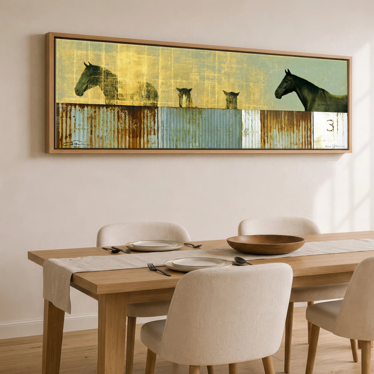 Golden Yard Watch Horse Stable panoramic canvas wall art displayed above a dining table
