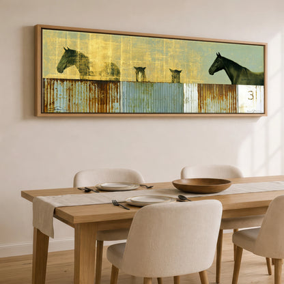 Golden Yard Watch Horse Stable panoramic canvas wall art displayed above a dining table