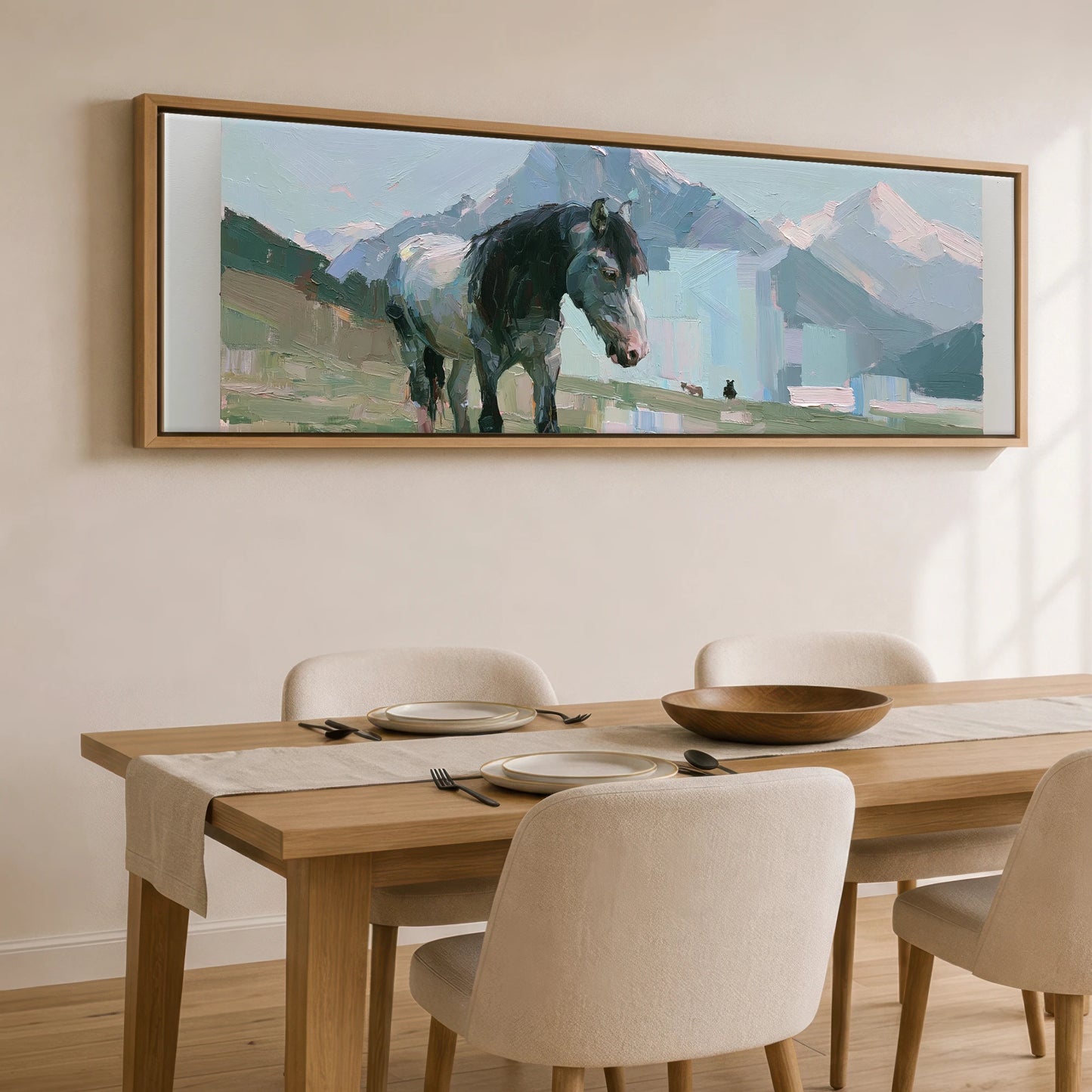 Pastures Beneath the Peaks Horse Landscape panoramic canvas wall art displayed above a dining table