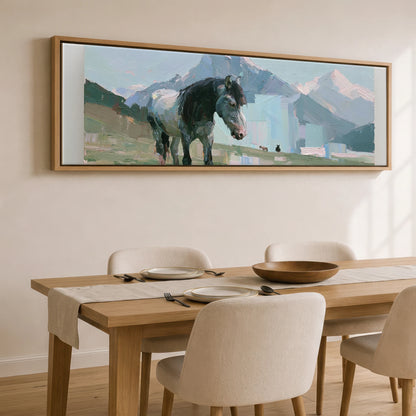 Pastures Beneath the Peaks Horse Landscape panoramic canvas wall art displayed above a dining table