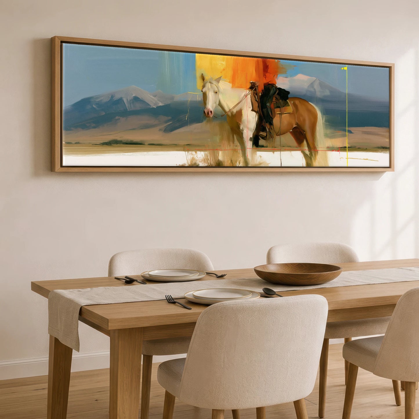 Abstract Western Horizon Horse Landscape panoramic canvas wall art displayed above a dining table