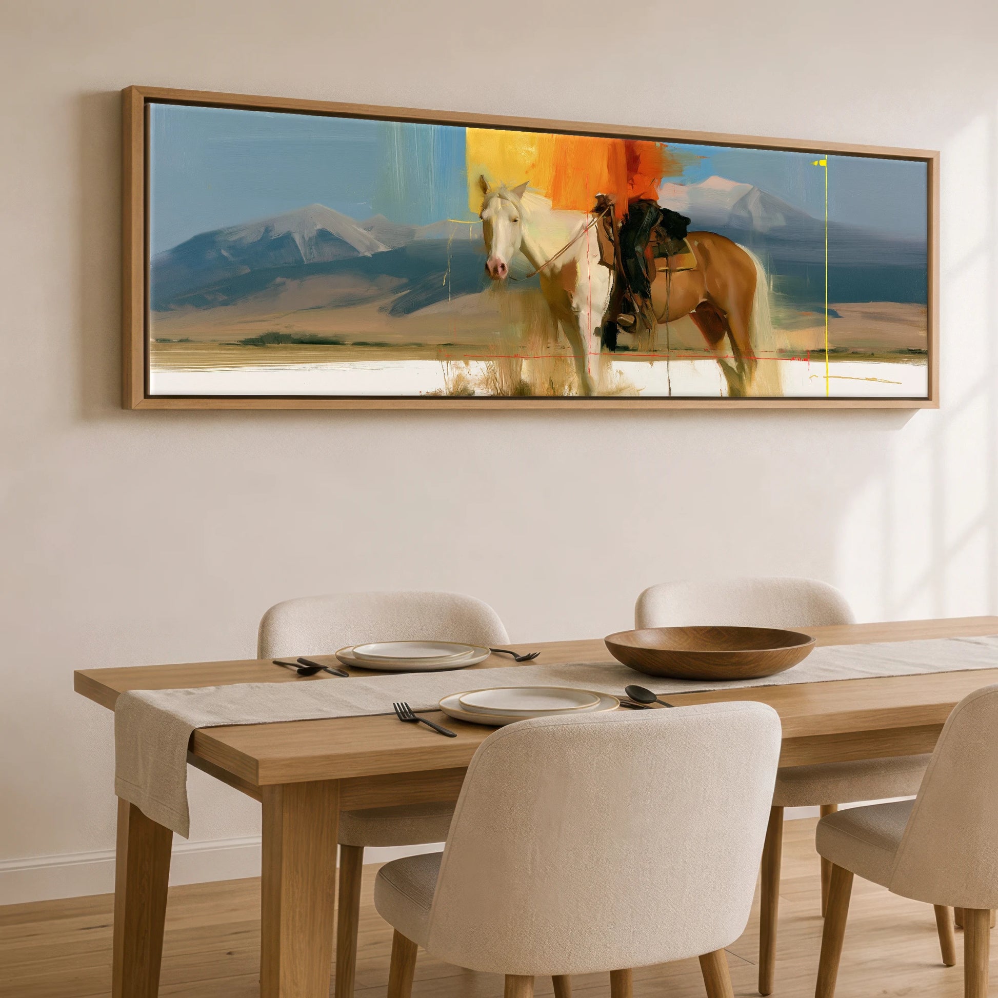 Abstract Western Horizon Horse Landscape panoramic canvas wall art displayed above a dining table
