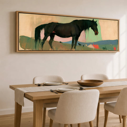 Dusk on the Ridge Horse Landscape panoramic canvas wall art displayed above a dining table
