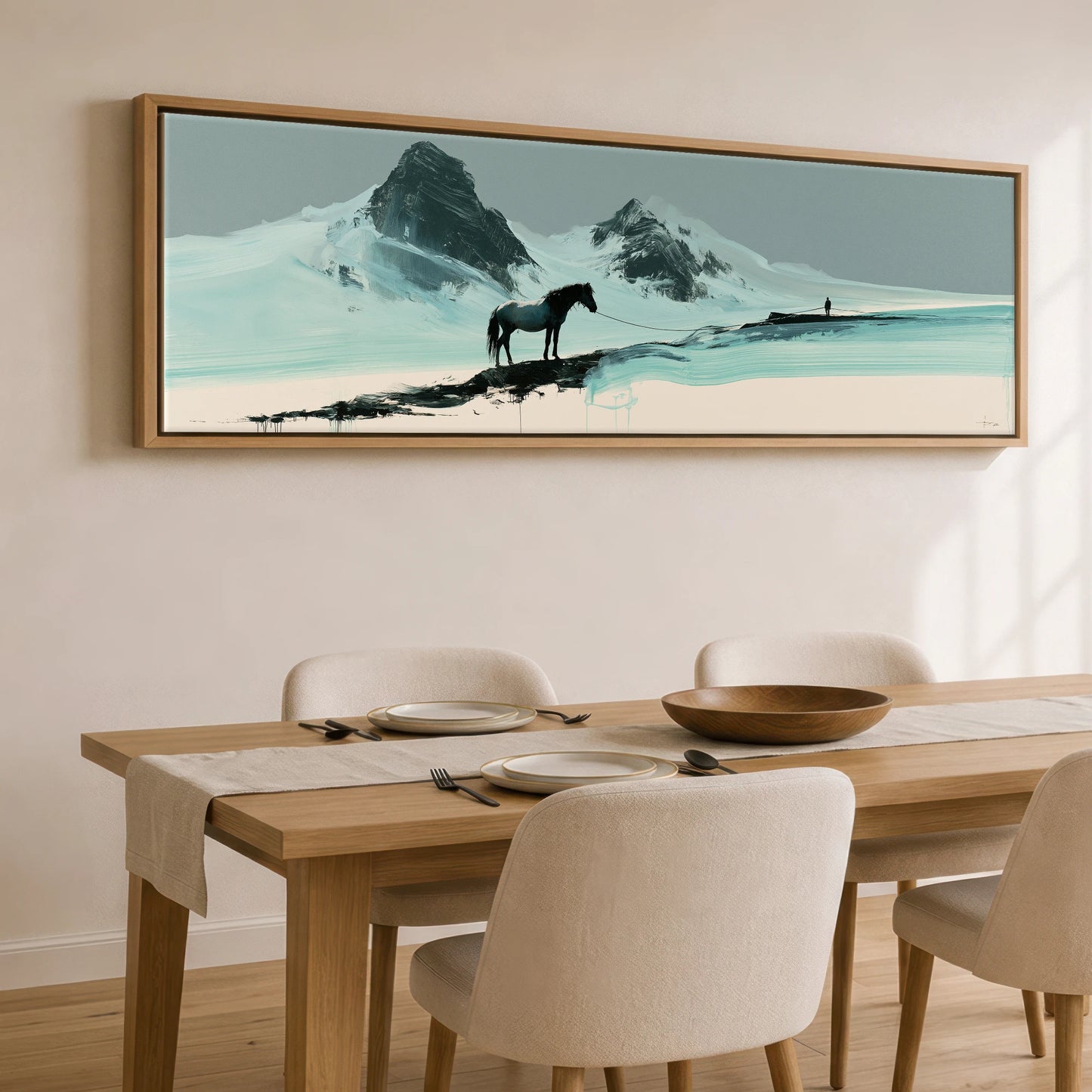 The Long Line Horse Landscape panoramic canvas wall art displayed above a dining table