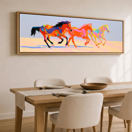 Vivid Stride Horse Landscape panoramic canvas wall art displayed above a dining table