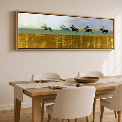 Pursuit in Gold Polo Horse panoramic canvas wall art displayed above a dining table