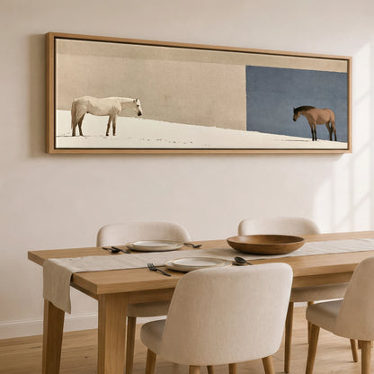 The Quiet Divide Horse Landscape panoramic canvas wall art displayed above a dining table