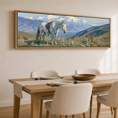High Country Trail Horse Landscape panoramic canvas wall art displayed above a dining table