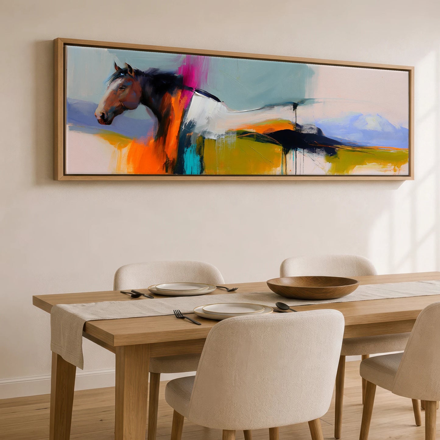 Vivid Equine Horizon Horse Landscape panoramic canvas wall art displayed above a dining table
