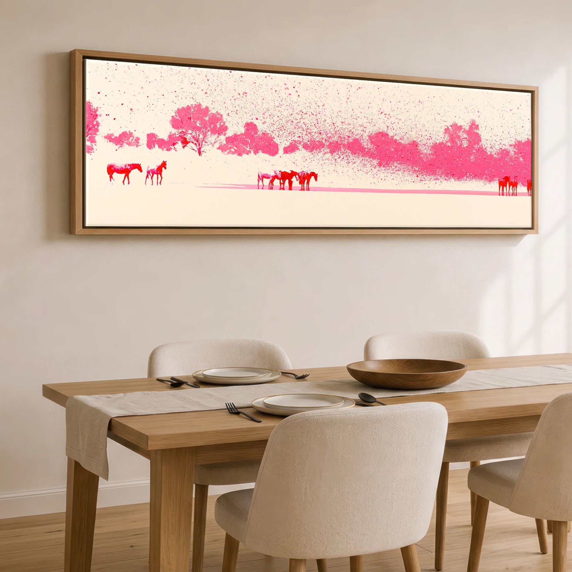 Crimson Mirage Wild Horses panoramic canvas wall art displayed above a dining table