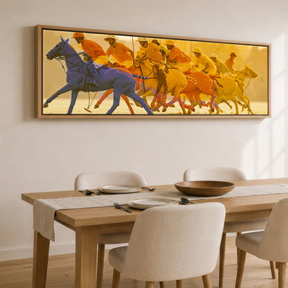 The Cobalt Charge Polo Horse panoramic canvas wall art displayed above a dining table