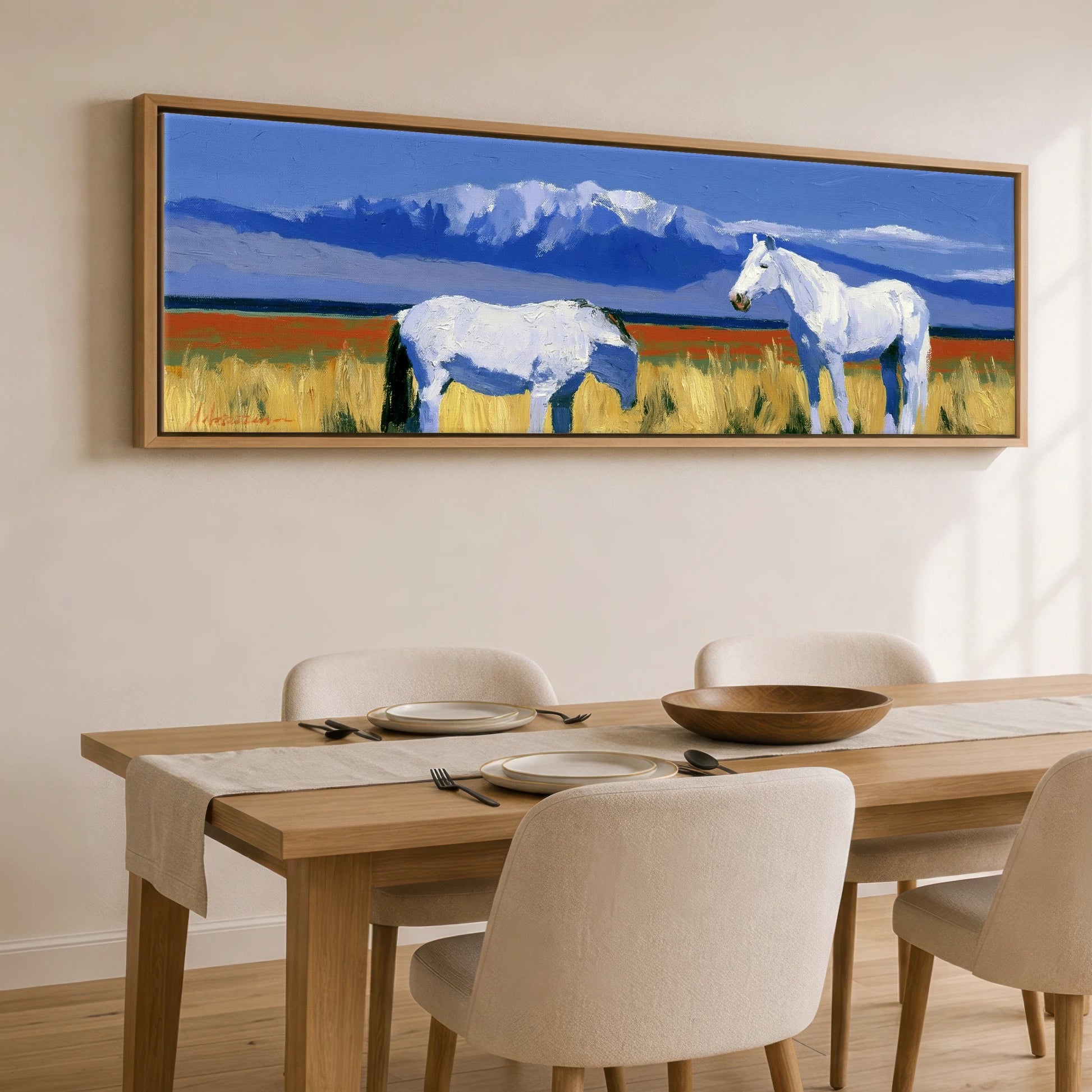 Vibrant Alpine Pasture Horse Landscape panoramic canvas wall art displayed above a dining table