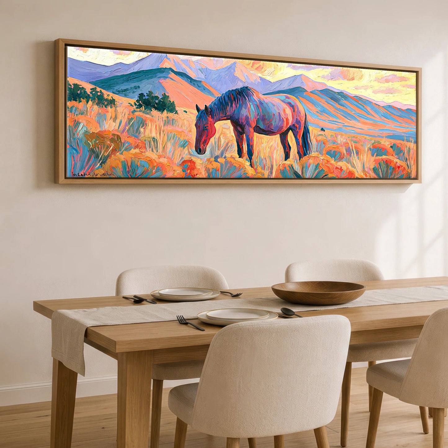 Vibrant Painted Pasture Horse Landscape panoramic canvas wall art displayed above a dining table