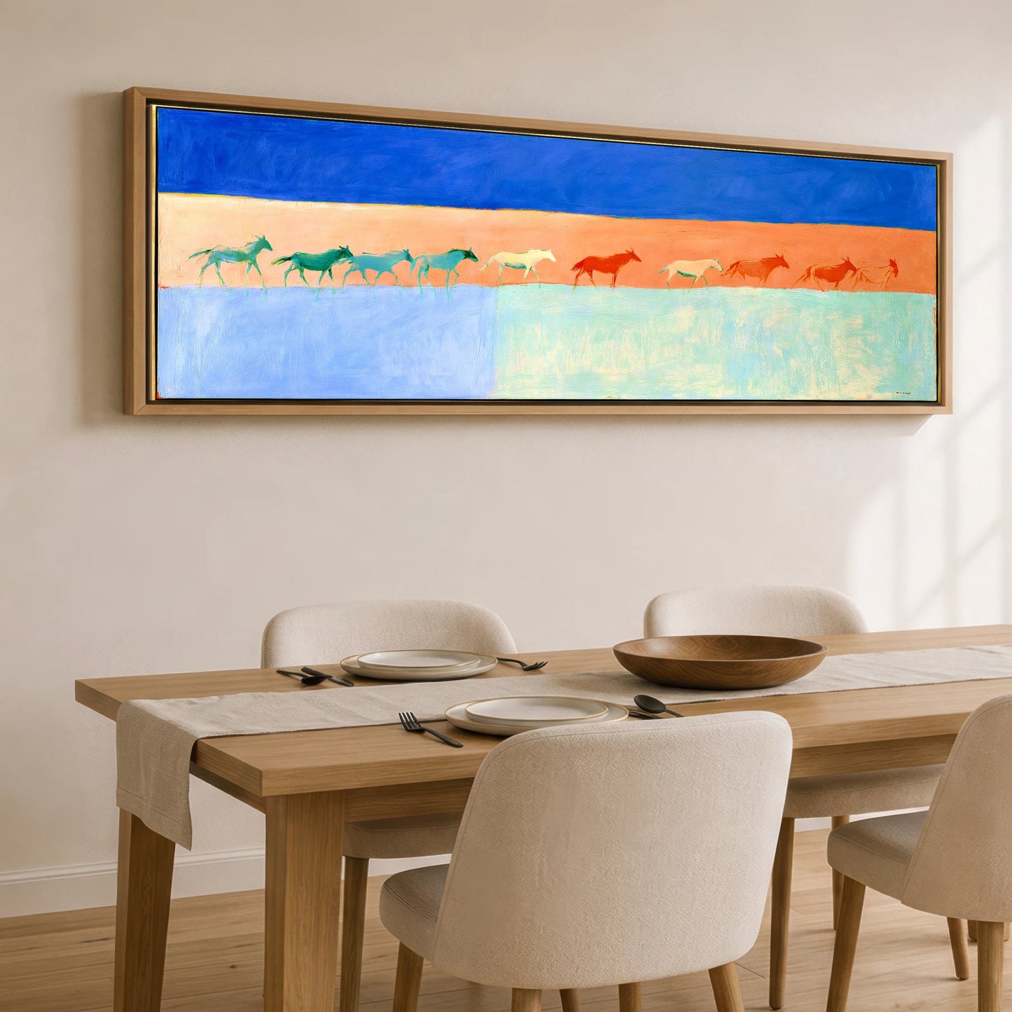 Bold Equine Horizon Horse Landscape panoramic canvas wall art displayed above a dining table