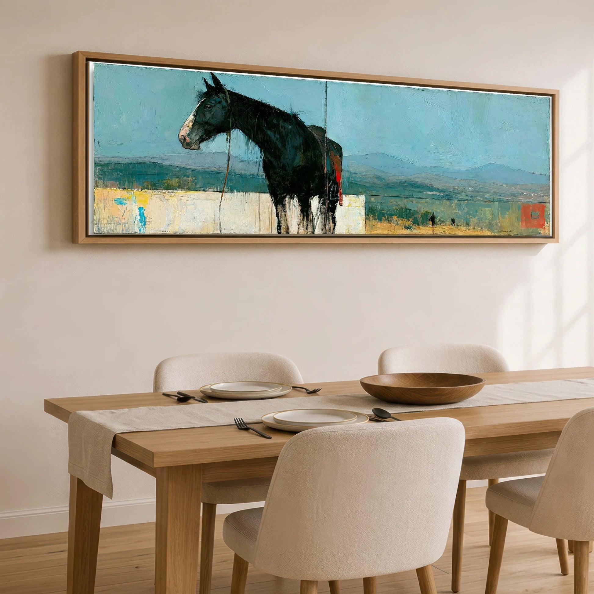 Shadows on the Teal Horizon Horse Landscape panoramic canvas wall art displayed above a dining table