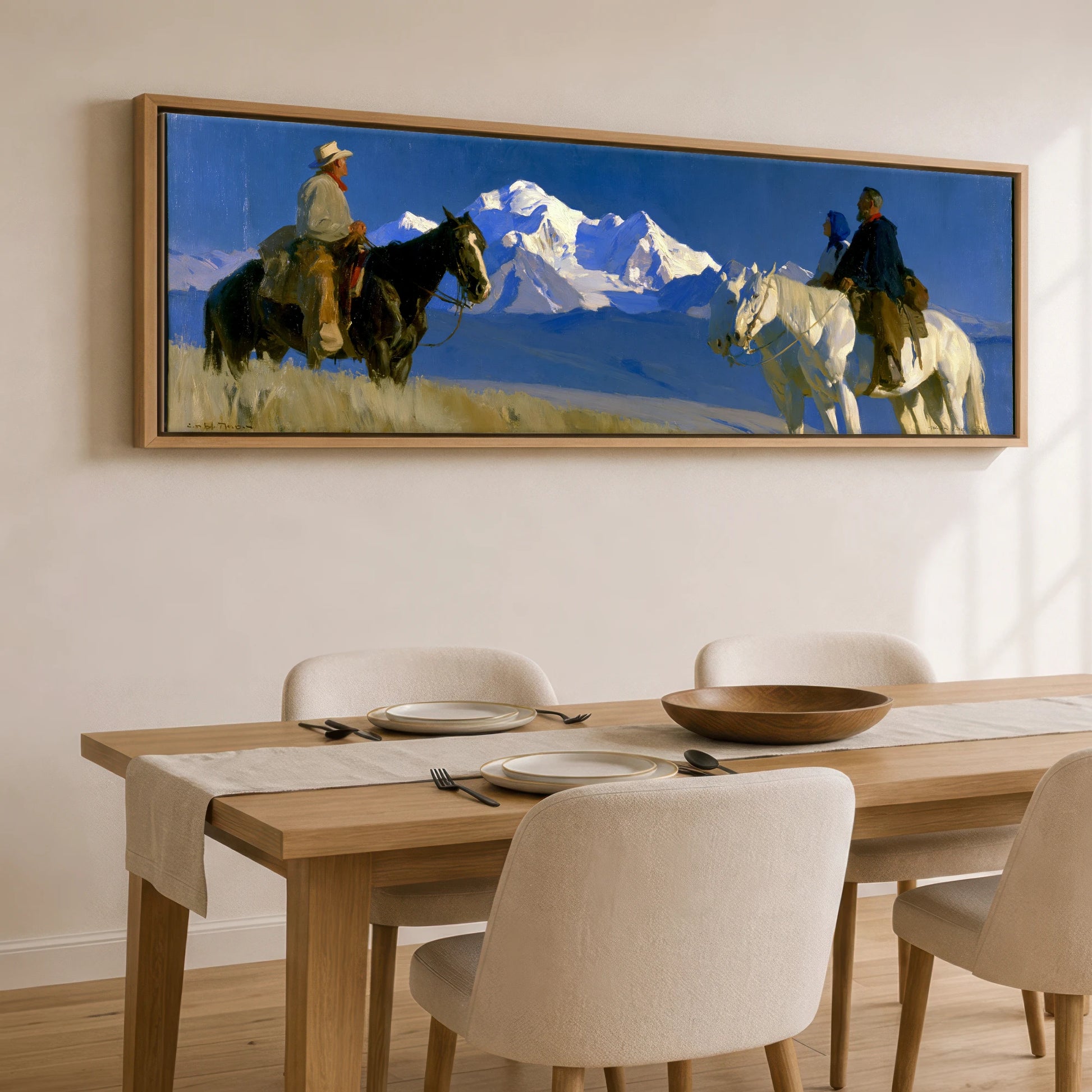 High Country Journey Horse Landscape panoramic canvas wall art displayed above a dining table