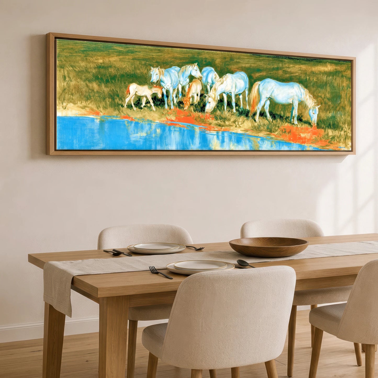 Vivid Waterside Herd Wild Horses panoramic canvas wall art displayed above a dining table