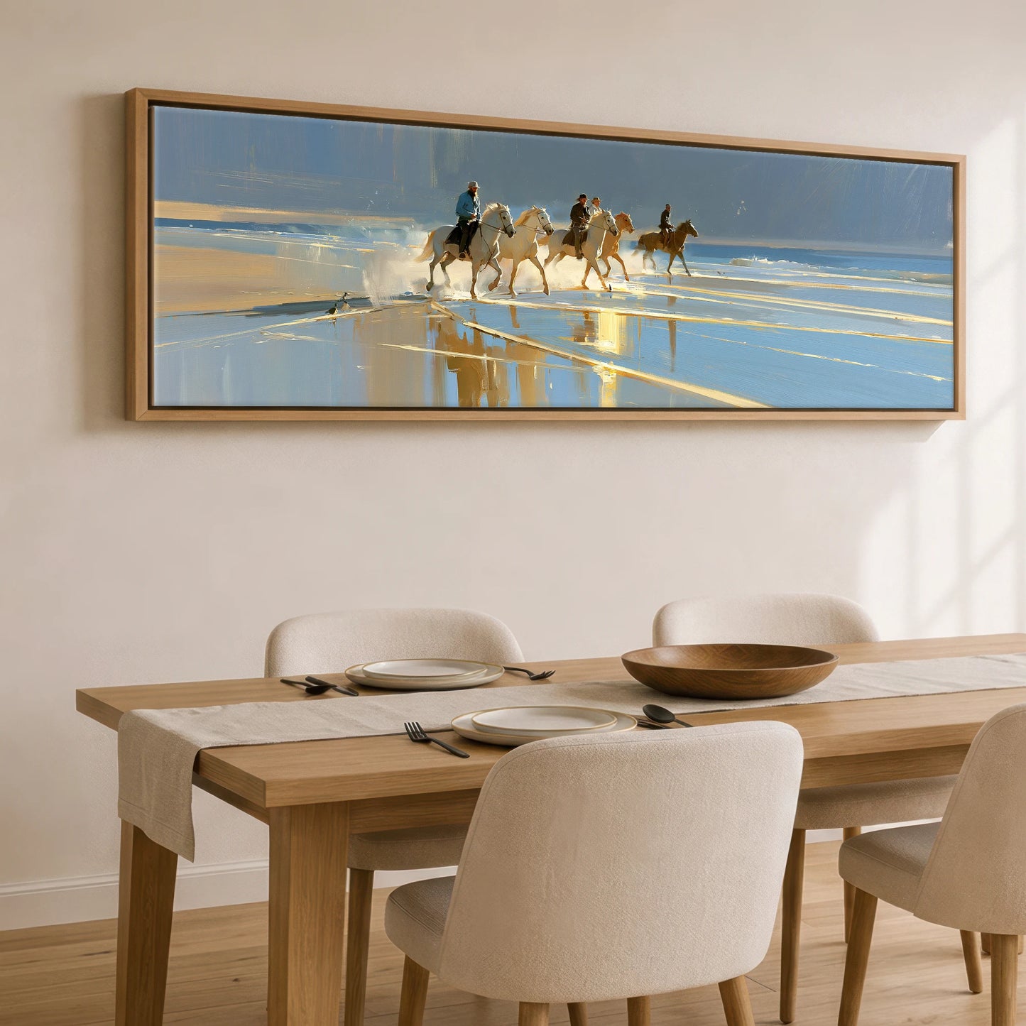 Sunlit Shoreline Ride Beach Horse panoramic canvas wall art displayed above a dining table